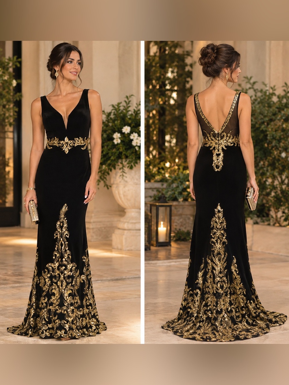 JJ’s House Black Velvet Gold Sequin Formal Evening Gown NWT